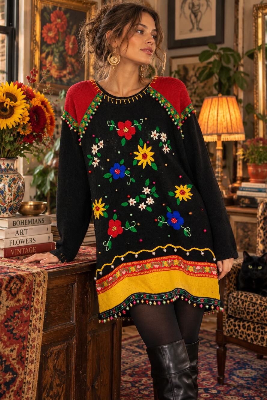 Vintage 90s Victoria Jones Sz M Floral Embroidered Beaded Sweater Wearable Art